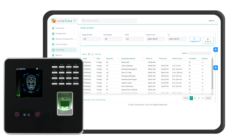 Attendance machine and timesheet interface of the software